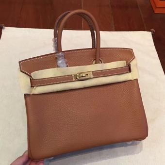 Hermes Brown Clemence Birkin 25cm Handmade Bag