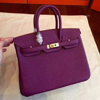 Hermes Cyclamen Clemence Birkin 25cm Handmade Bag