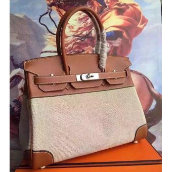 Hermes Canvas Birkin 30cm 35cm Bag With Brown Leather