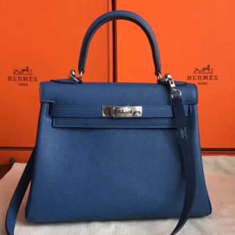 Hermes Blue Agate Clemence Kelly Retourne 28cm Handmade Bag