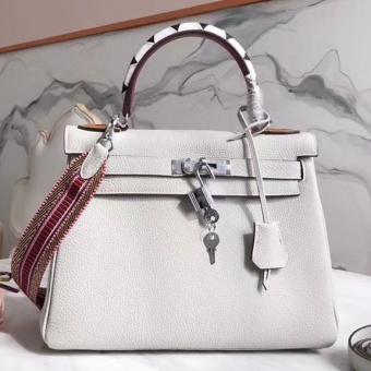 Hermes White Kelly 28cm Bag With Zigzag Handle