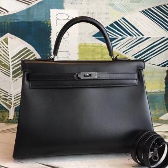 Hermes All Black Box Kelly 35cm Handmade Bag