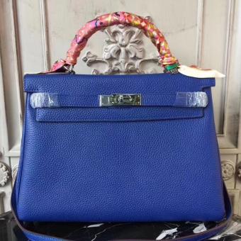 Hermes Blue Electric Clemence Kelly 28cm Bag