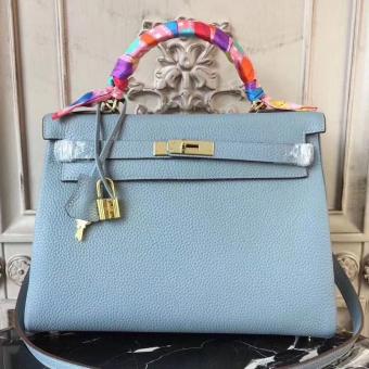 Hermes Blue Lin Clemence Kelly 28cm Bag