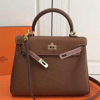 Hermes Brown Clemence Kelly 25cm GHW Bag