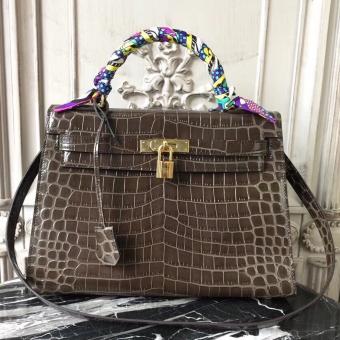 Hermes Kelly 32cm Bag In Chocolate Crocodile Leather