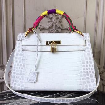 Hermes Kelly 32cm Bag In White Crocodile Leather