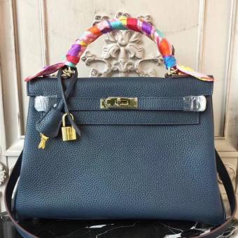 Hermes Navy Blue Clemence Kelly 28cm Bag