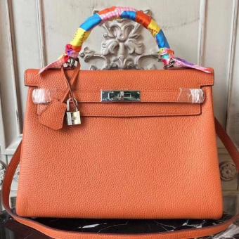 Hermes Orange Clemence Kelly 28cm Bag