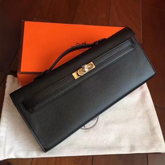 Hermes Black Epsom Kelly Cut Clutch Handmade Bag