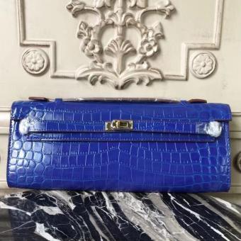 Hermes Blue Electric Crocodile Kelly Cut Clutch Bag