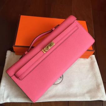 Hermes Rose Lipstick Epsom Kelly Cut Clutch Handmade Bag