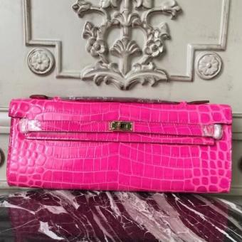 Hermes Rose Red Crocodile Kelly Cut Clutch Bag