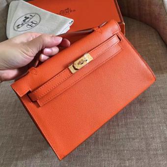 Hermes Orange Epsom Kelly Pochette Handmade Bag