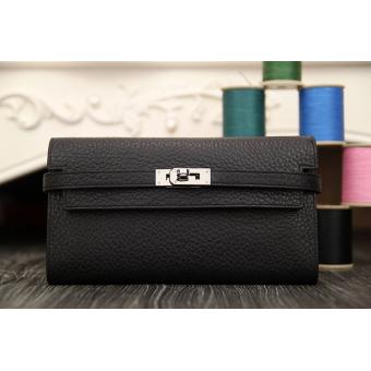 Hermes Kelly Longue Wallet In Black Clemence Leather