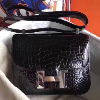 Hermes Constance 24cm Black Porosus Crocodile