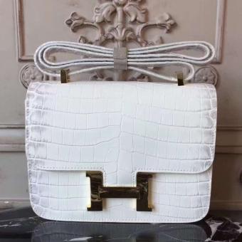 Hermes White Constance MM 24cm Crocodile Bag