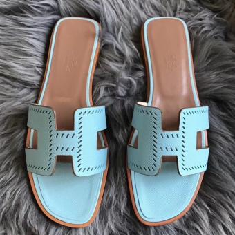 Hermes Oran Perforated Sandals In Blue Atoll Epsom Leather