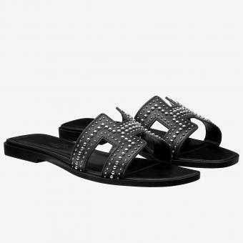 Hermes Oran Studs Sandals In Black Leather